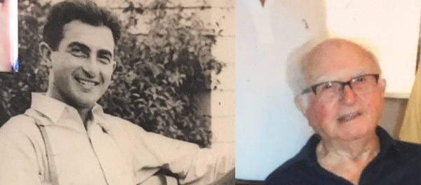Two side by side photographs. On the left a young man in suspenders smiling, on the right, and older man in glasses smiling.