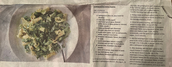 asparagus and feta pasta with the recipe nect to it taken from the NYT 