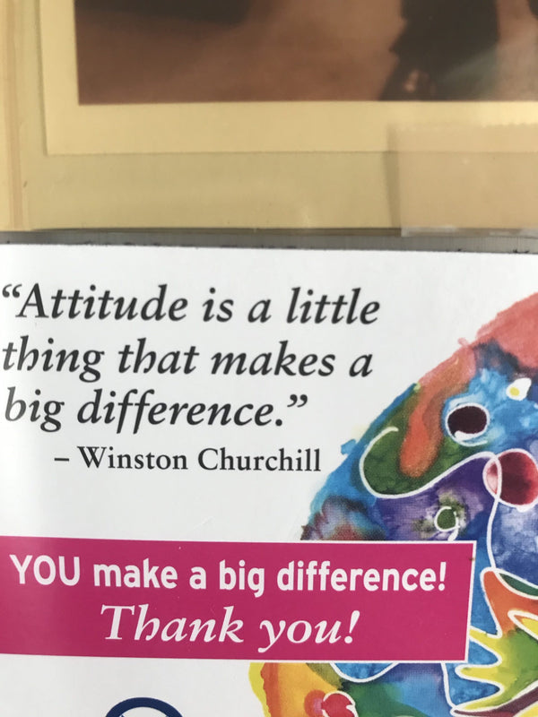 Small card with abstract art and a quote that reads "Attitude is a little thing that makes a big difference!" - Winston Churchill