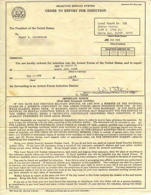 greeting letter to inform draftees to serve for Vietnam